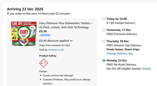 Screenshot showing Fairy Platinum Plus Lemon Dishwasher Tablets 42 Pack for £5.41 at Amazon