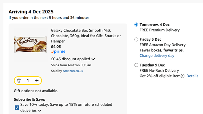 Screenshot showing Galaxy Chocolate Bar 360g for £4.03 at Amazon