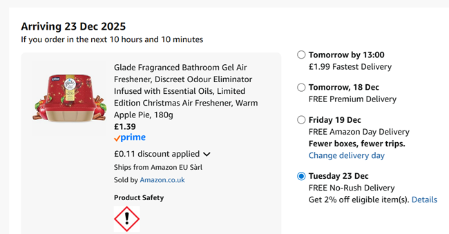Screenshot showing Glade Fragranced Bathroom Gel Air Freshener, Limited Edition Christmas Warm Apple Pie for £1.39 at Amazon