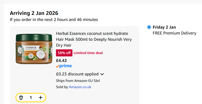Screenshot showing Herbal Essences Coconut Scent Hydrate Hair Mask 500ml for £4.42 at Amazon
