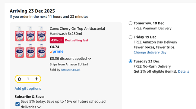 Screenshot showing Carex Cherry On Top Antibacterial Handwash 6x250ml for £4.74 at Amazon