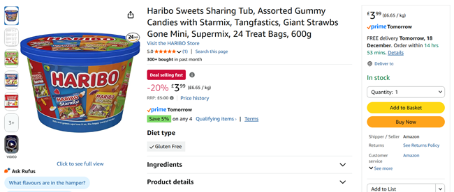Screenshot showing Haribo Sweets Sharing Tub, 24 Treat Bags, 600g for £3.99 at Amazon