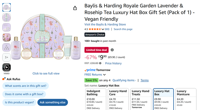 Screenshot showing Baylis & Harding Royale Garden Lavender & Rosehip Tea Luxury Hat Box Gift Set for £9.90 at Amazon