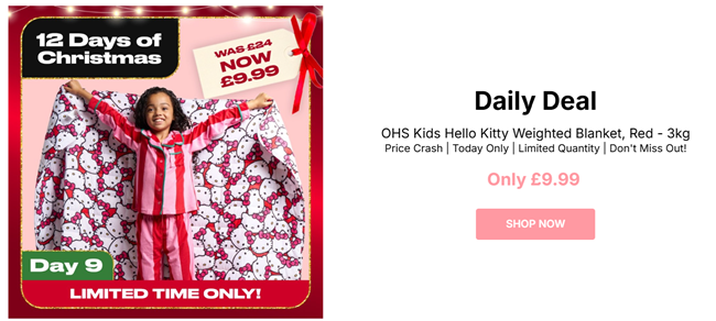 Screenshot showing Kids Hello Kitty Weighted Blanket 3kg for £9.99 at Online Home Shop