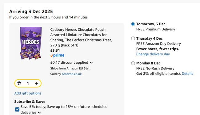 Screenshot showing Cadbury Heroes Chocolate Pouch 270g for £3.31 at Amazon