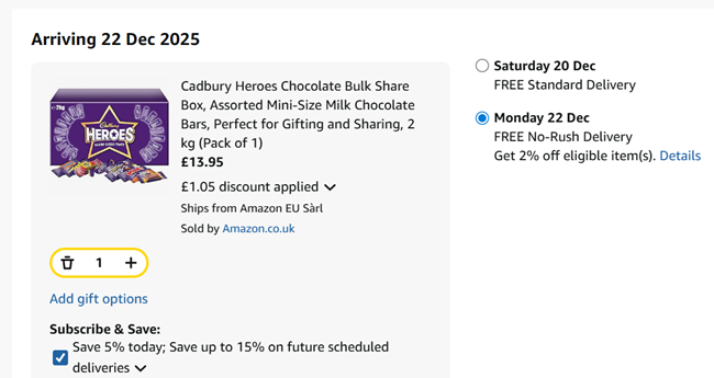 Screenshot showing Cadbury Heroes Chocolate Bulk Share Box 2kg for £13.95 at Amazon