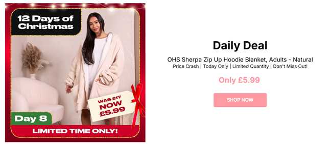 Screenshot showing Sherpa Zip Up Hoodie Blanket Natural for £5.99 at Online Home Shop