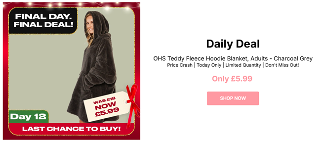 Screenshot showing OHS Teddy Fleece Hoodie Blanket Charcoal Grey for £5.99 at Online Home Shop