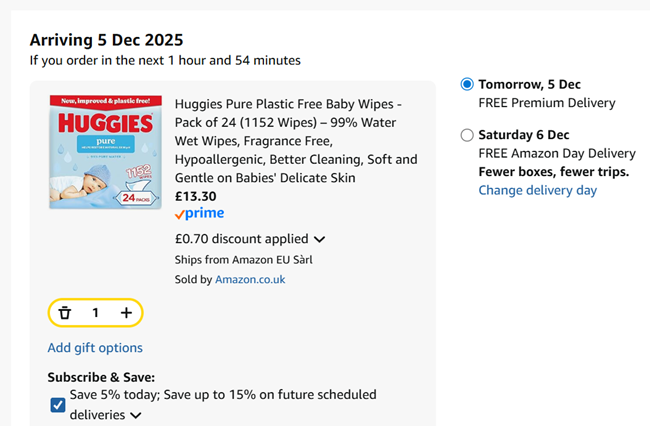 Screenshot showing Huggies Pure Plastic Free Baby Wipes - Pack of 24 (1152 Wipes) for £13.30 at Amazon
