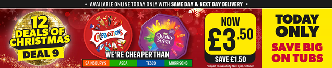 Screenshot showing Quality Street Chocolate Tub 550g / Celebrations Milk Chocolate Tub 500g for £3.50 at Iceland