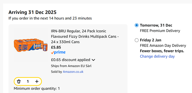 Screenshot showing IRN-BRU Regular 24 x 330ml Cans for £5.85 at Amazon