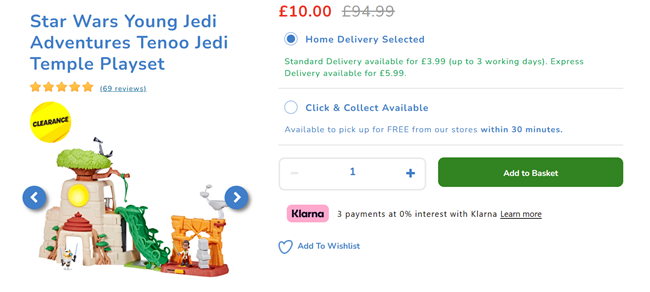 Screenshot showing Star Wars Young Jedi Adventures Tenoo Jedi Temple Playset for £10 at The Entertainer