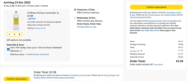 Screenshot showing R Whites Premium Lemonade 2L 3 for £2.58 at Amazon