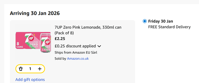 Screenshot showing 7UP Zero Pink Lemonade 330ml Can 8 Pack for £2.25 at Amazon