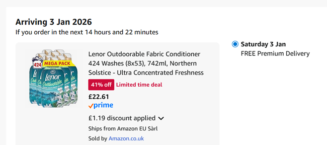 Screenshot showing Lenor Outdoorable Fabric Conditioner 424 Washes (8x53), 742ml, Northern Solstice for £22.61 at Amazon