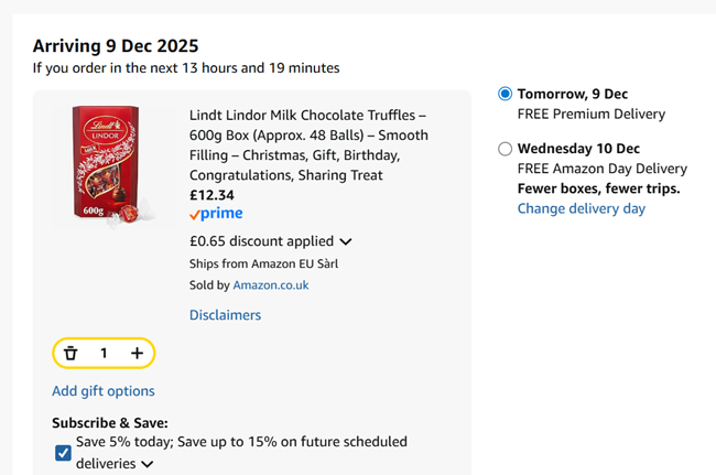 Screenshot showing Lindt Lindor Milk Chocolate Truffles 600g Box (Approx. 48 Balls) for £12.34 at Amazon
