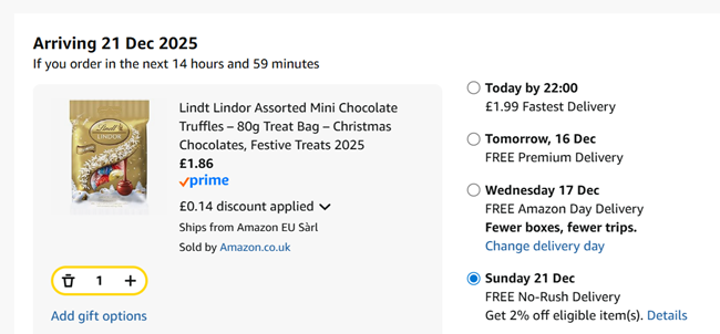 Screenshot showing Lindt Lindor Assorted Mini Chocolate Truffles 80g Treat Bag for £1.86 at Amazon