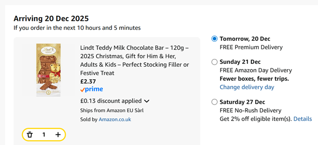 Screenshot showing Lindt Teddy Milk Chocolate Bar 120g for £2.37 at Amazon