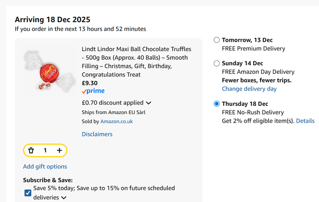 Screenshot showing Lindt Lindor Maxi Ball Chocolate Truffles 500g for £9.30 at Amazon