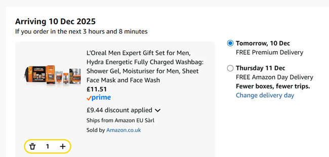 Screenshot showing L'Oreal Men Expert Washbag Gift Set for £11.51 at Amazon