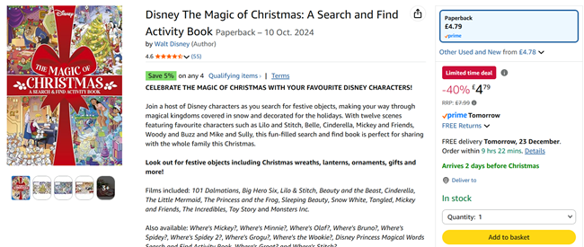 Screenshot showing Disney The Magic of Christmas: A Search and Find Activity Book for £4.79 at Amazon