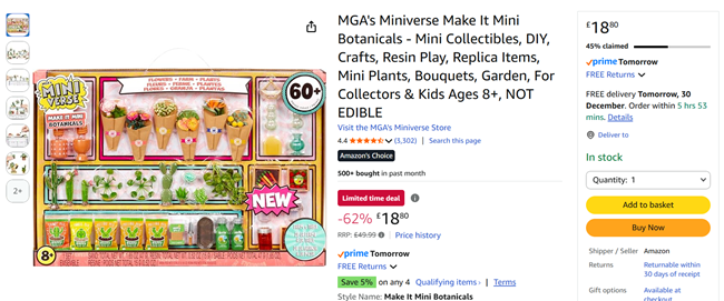 Screenshot showing MGA's Miniverse Make It Mini Botanicals for £18.80 at Amazon