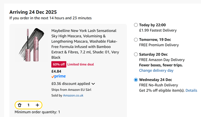 Screenshot showing Maybelline New York Lash Sensational Sky High Mascara for £4.84 at Amazon