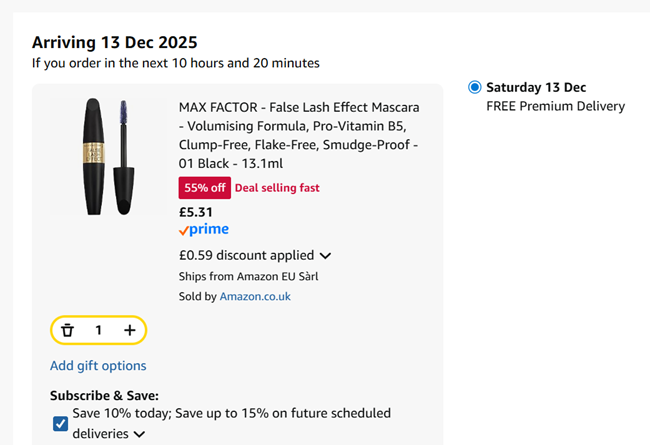 Screenshot showing Max Factor False Lash Effect Mascara for £5.31 at Amazon