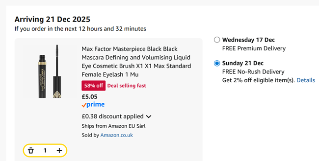 Screenshot showing Max Factor Masterpiece Black Mascara for £5.05 at Amazon
