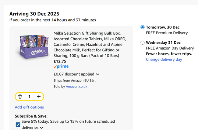Screenshot showing Milka Selection Gift Sharing Bulk Box 10 x 100g Bars for £12.75 at Amazon