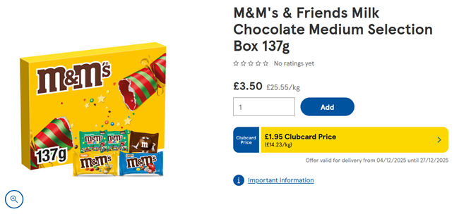 Screenshot showing M&M's & Friends Milk Chocolate Medium Selection Box 137g for £1.95 at Tesco