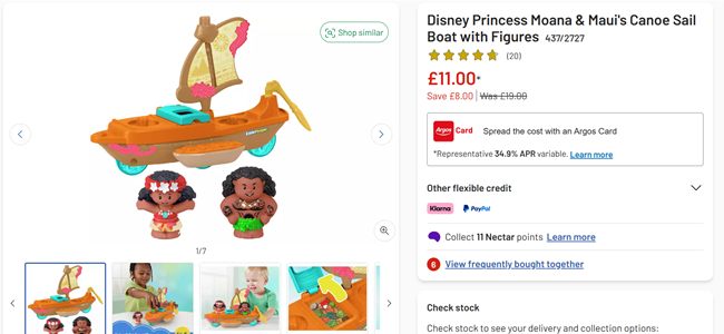 Screenshot showing Disney Princess Moana & Maui's Canoe Sail Boat with Figures for £11 at Argos