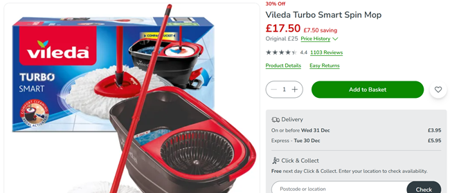 Screenshot showing Vileda Turbo Smart Spin Microfibre Floor Bucket & Mop Set for £17.50 at Dunelm