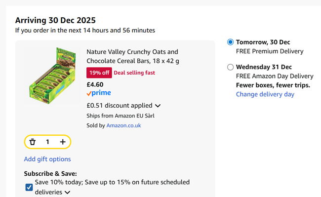 Screenshot showing Nature Valley Crunchy Oats and Chocolate Cereal Bars, 18 x 42 g for £4.60 at Amazon