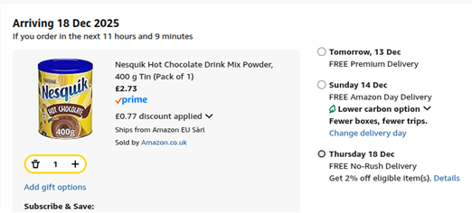 Screenshot showing Nesquik Hot Chocolate Drink Mix Powder 400g for £2.73 at Amazon