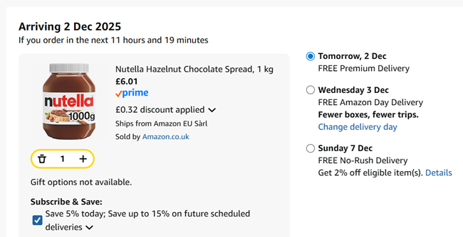 Screenshot showing Nutella Hazelnut Chocolate Spread 1kg for £6.01 at Amazon