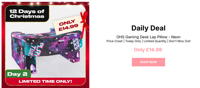 Screenshot showing Gaming Desk Lap Pillow Neon for £14.99 at Online Home Shop