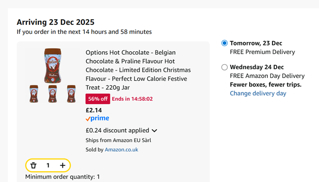 Screenshot showing Options Hot Chocolate Limited Edition Christmas Flavour for £2.14 at Amazon