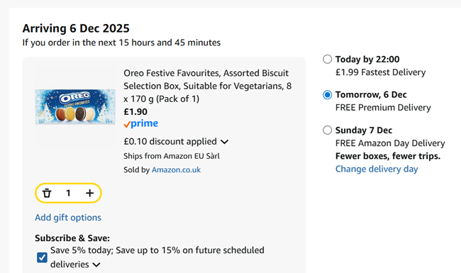 Screenshot showing Oreo Festive Favourites Assorted Biscuit Selection Box for £1.90 at Amazon