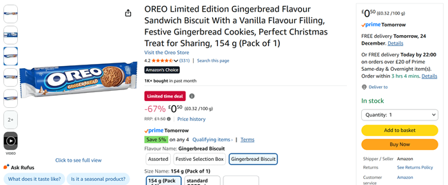 Screenshot showing Oreo Limited Edition Gingerbread Flavour 154g for 50p at Amazon