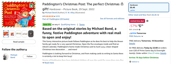 Screenshot showing Paddington’s Christmas Post Book for £6.46 at Amazon