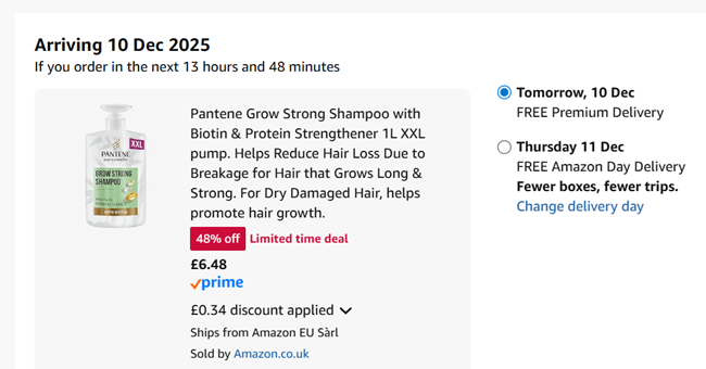Screenshot showing Pantene Grow Strong Shampoo 1L XXL Pump for £6.48 at Amazon