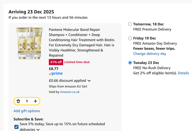 Screenshot showing Pantene Molecular Bond Repair Shampoo, Conditioner & Treatment Bundle for £8.77 at Amazon