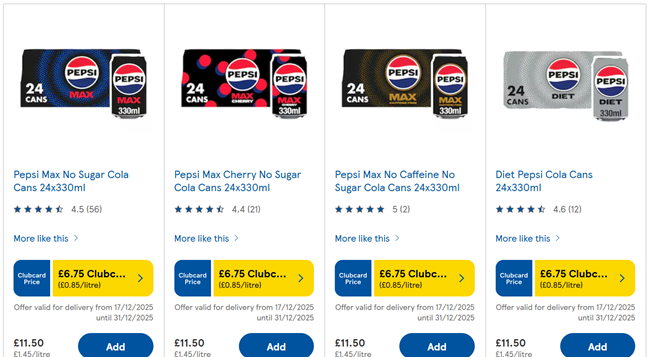 Screenshot showing Pepsi Max / Cherry / Caffeine Free / Diet 24 x 330ml Cans for £6.75 at Tesco