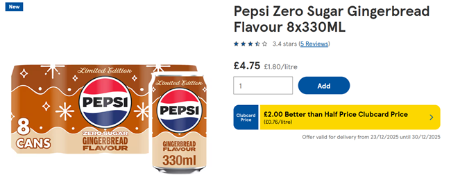 Screenshot showing Pepsi Zero Sugar Gingerbread Flavour 8x330ML for £2 at Tesco