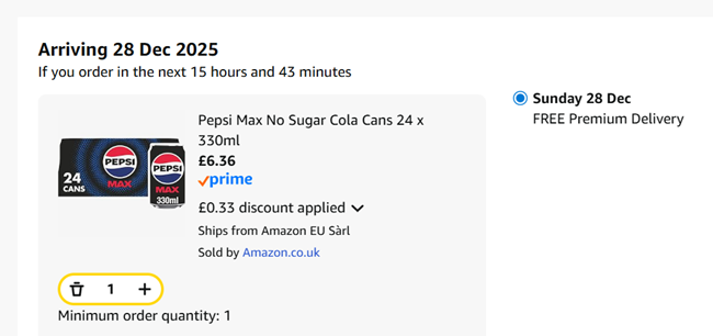 Screenshot showing Pepsi Max No Sugar Cola Cans 24 x 330ml for £6.36 at Amazon