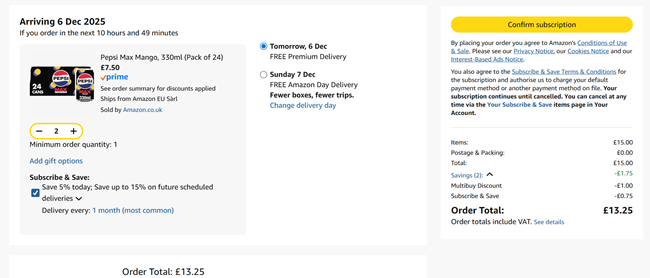 Screenshot showing Pepsi Max Mango, 330ml (Pack of 24) x 2 for £13.25 at Amazon