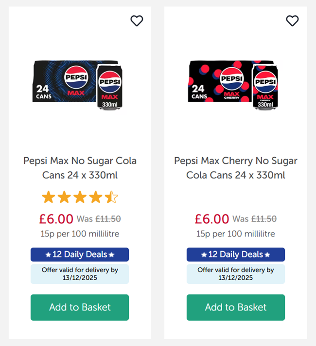 Screenshot showing Pepsi Max / Cherry Cans 24 x 330ml for £6 at Iceland