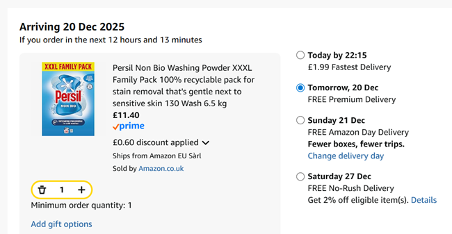 Screenshot showing Persil Non Bio Washing Powder XXXL Family Pack 130 Wash 6.5 kg for £11.40 at Amazon