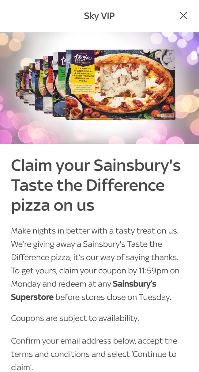 Screenshot showing Free Taste The Difference Pizza at Sainsbury's offer via Sky VIP App